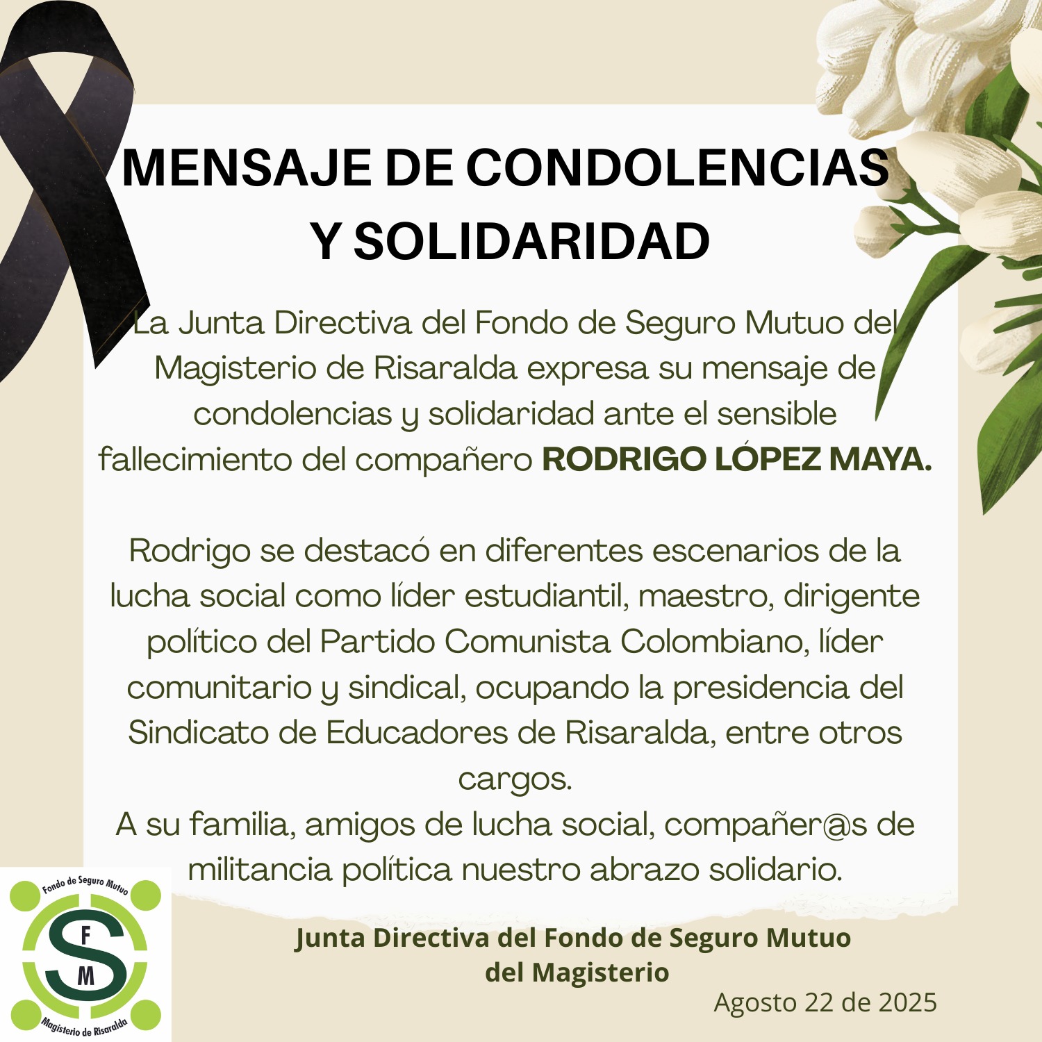 Mensaje de condolencias y solidaridad